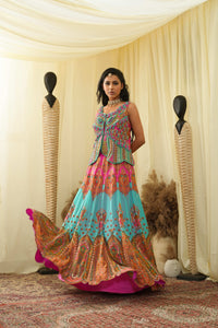 Light cyan with pastel pink print embroidered lehanga set with embroidered bodice