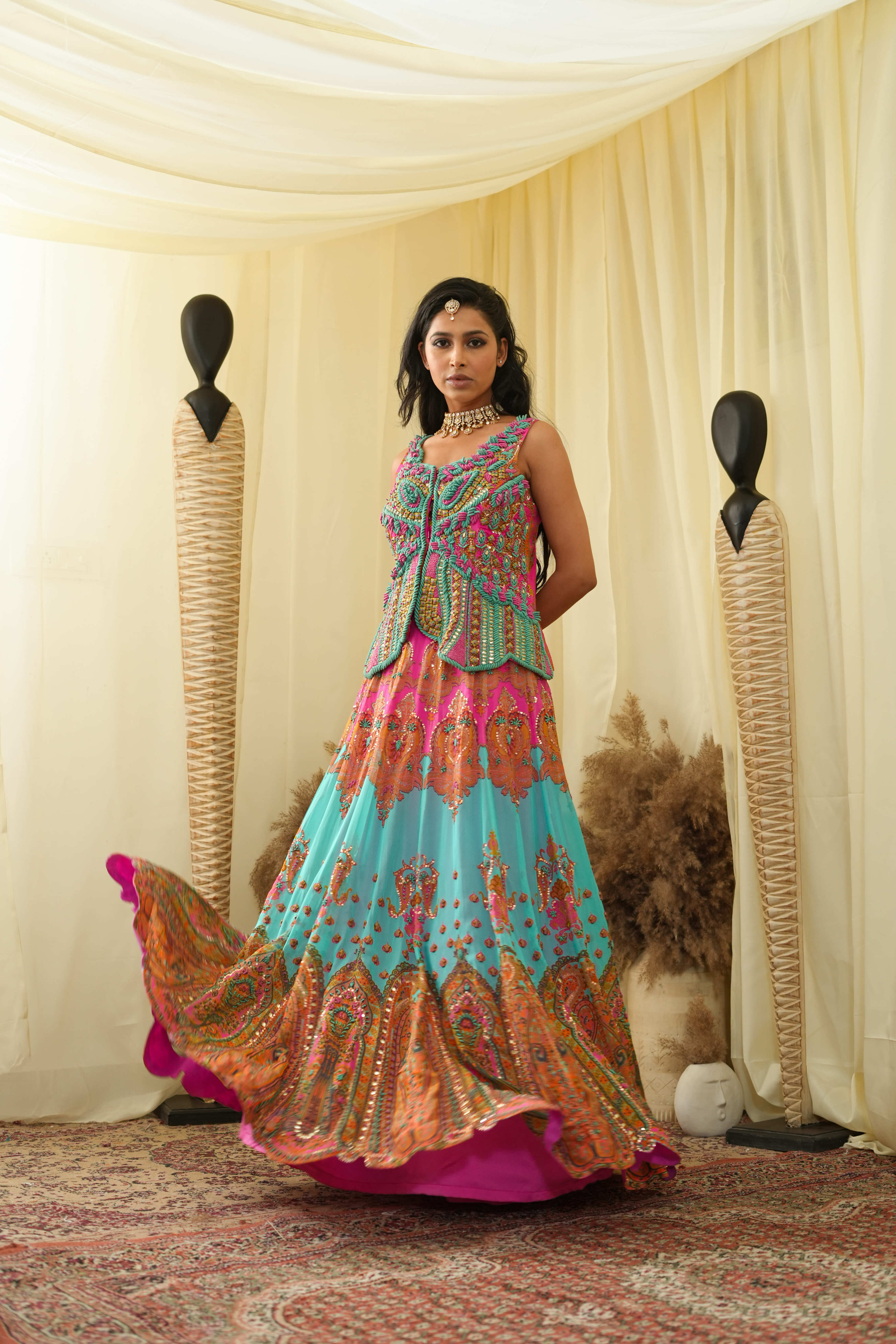 Light cyan with pastel pink print embroidered lehanga set with embroidered bodice