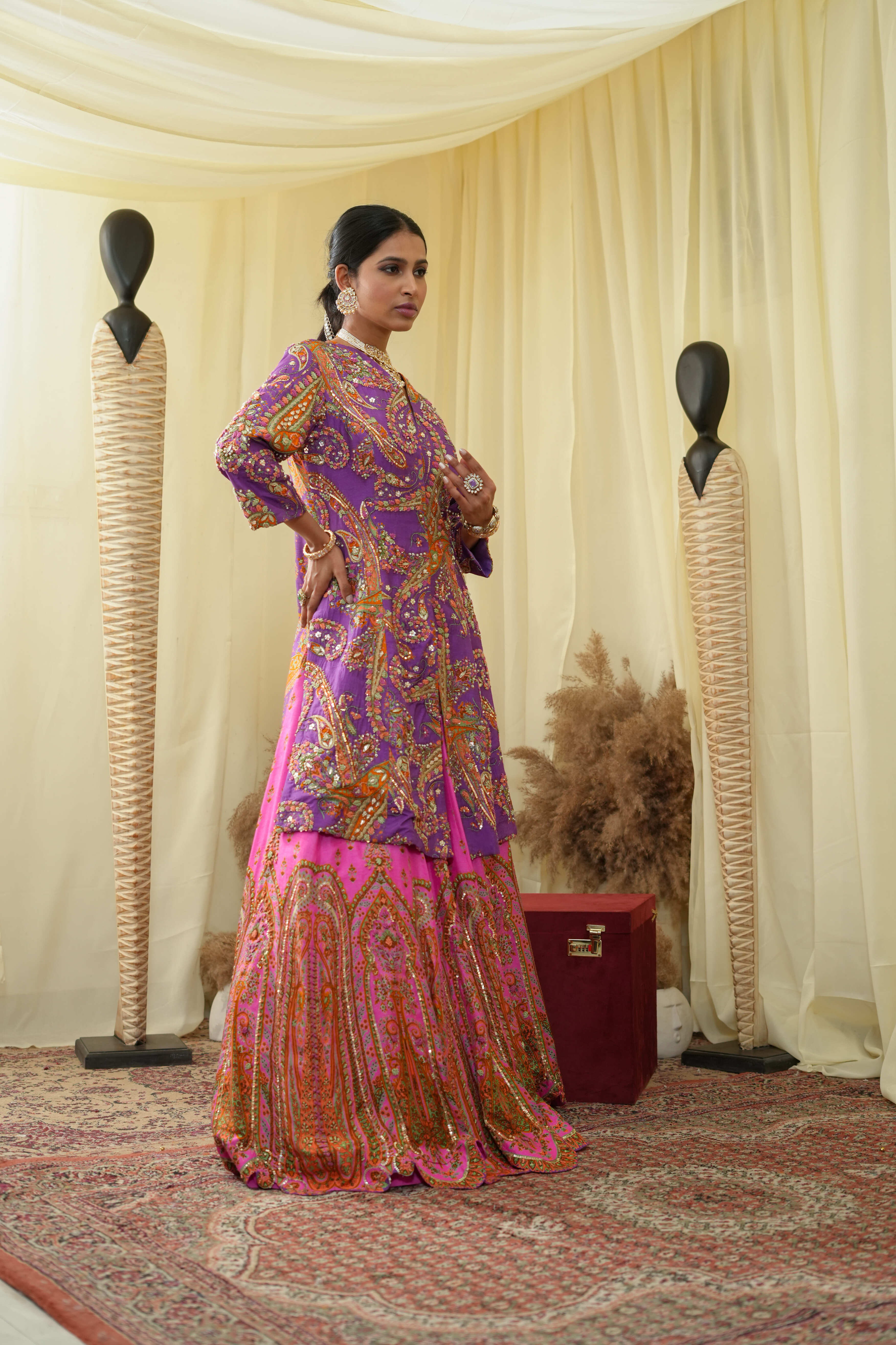 Front open long jacket cal top , embroidered Lehenga set