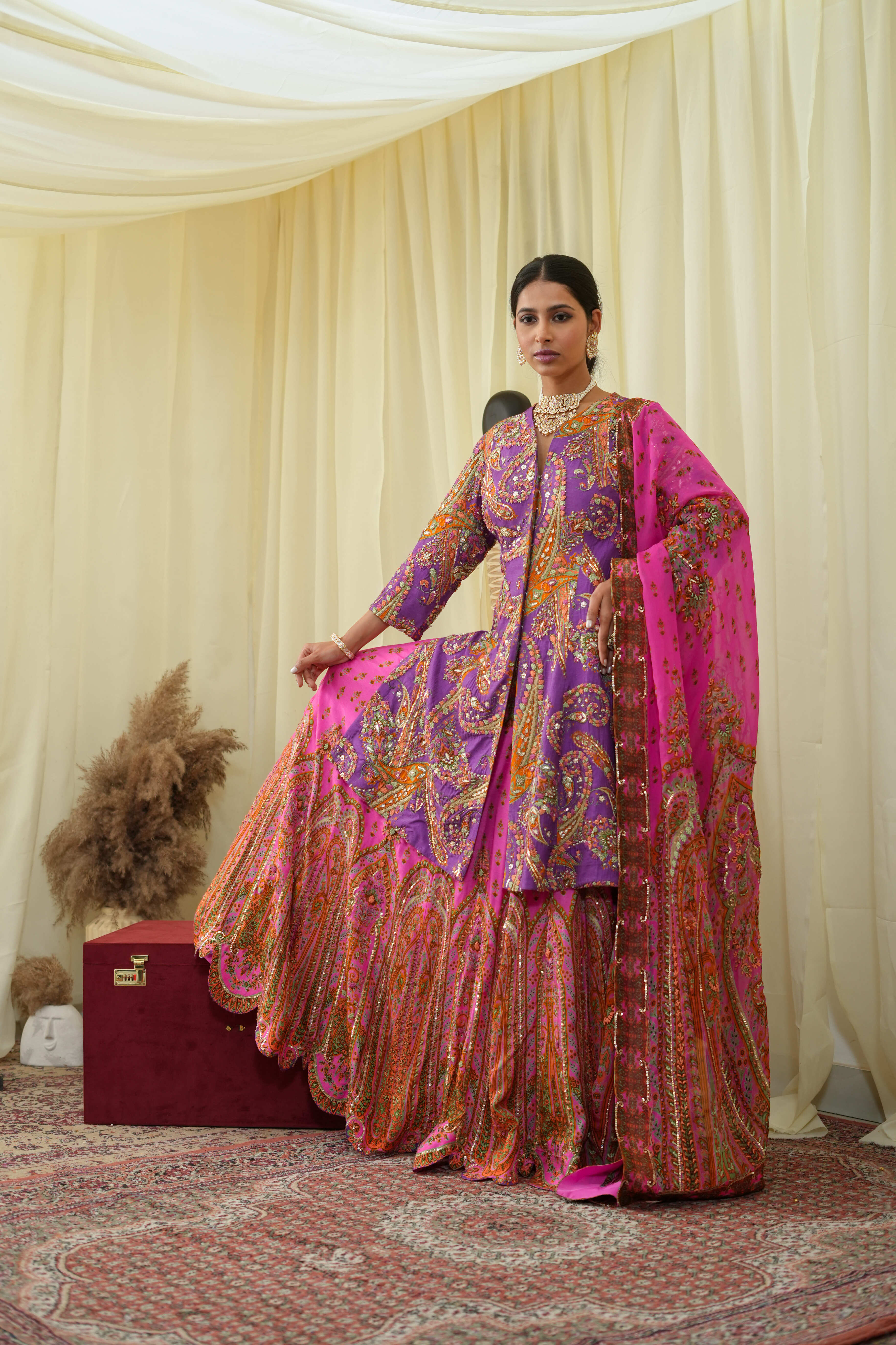 Front open long jacket cal top , embroidered Lehenga set