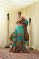 Cyan print embroidered Jhankar lehenga set