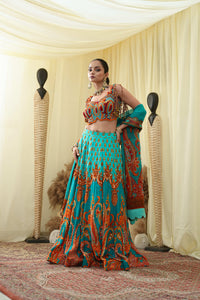 Cyan print embroidered Jhankar lehenga set