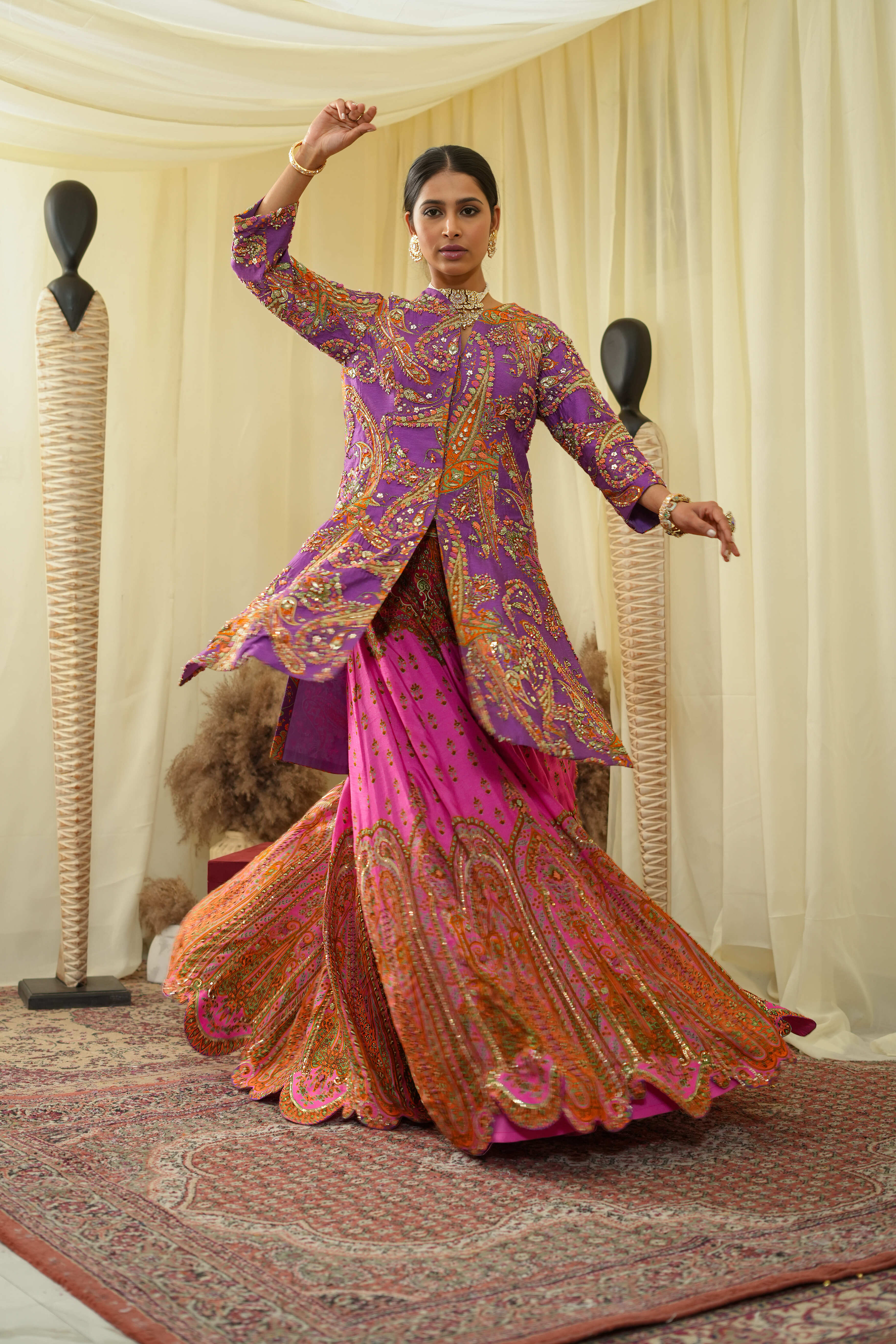 Front open long jacket cal top , embroidered Lehenga set