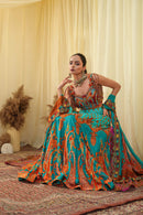 Cyan print embroidered Jhankar lehenga set