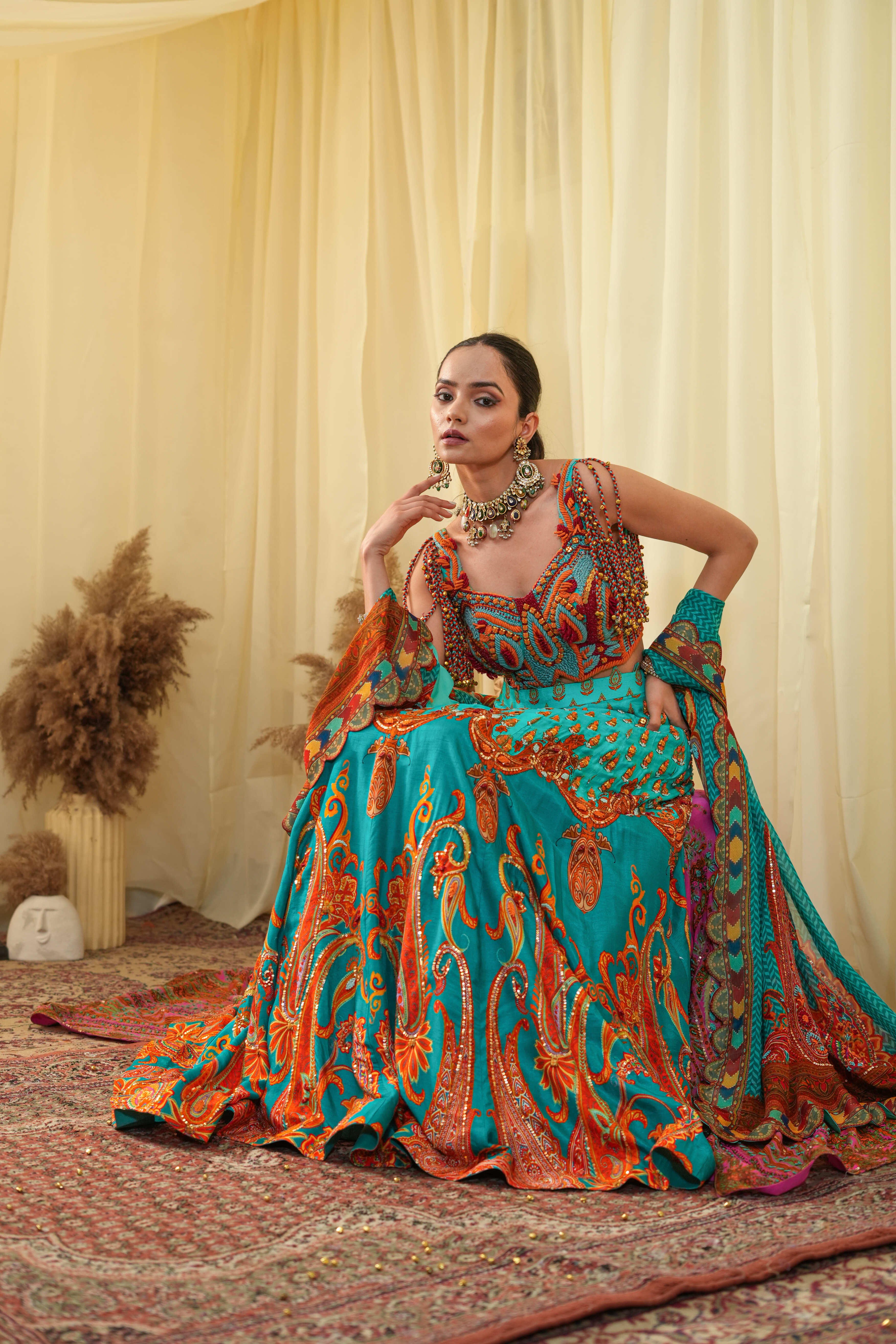 Cyan print embroidered Jhankar lehenga set