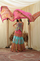 Light cyan with pastel pink print embroidered lehanga set with embroidered bodice