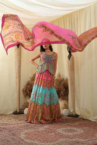 Light cyan with pastel pink print embroidered lehanga set with embroidered bodice
