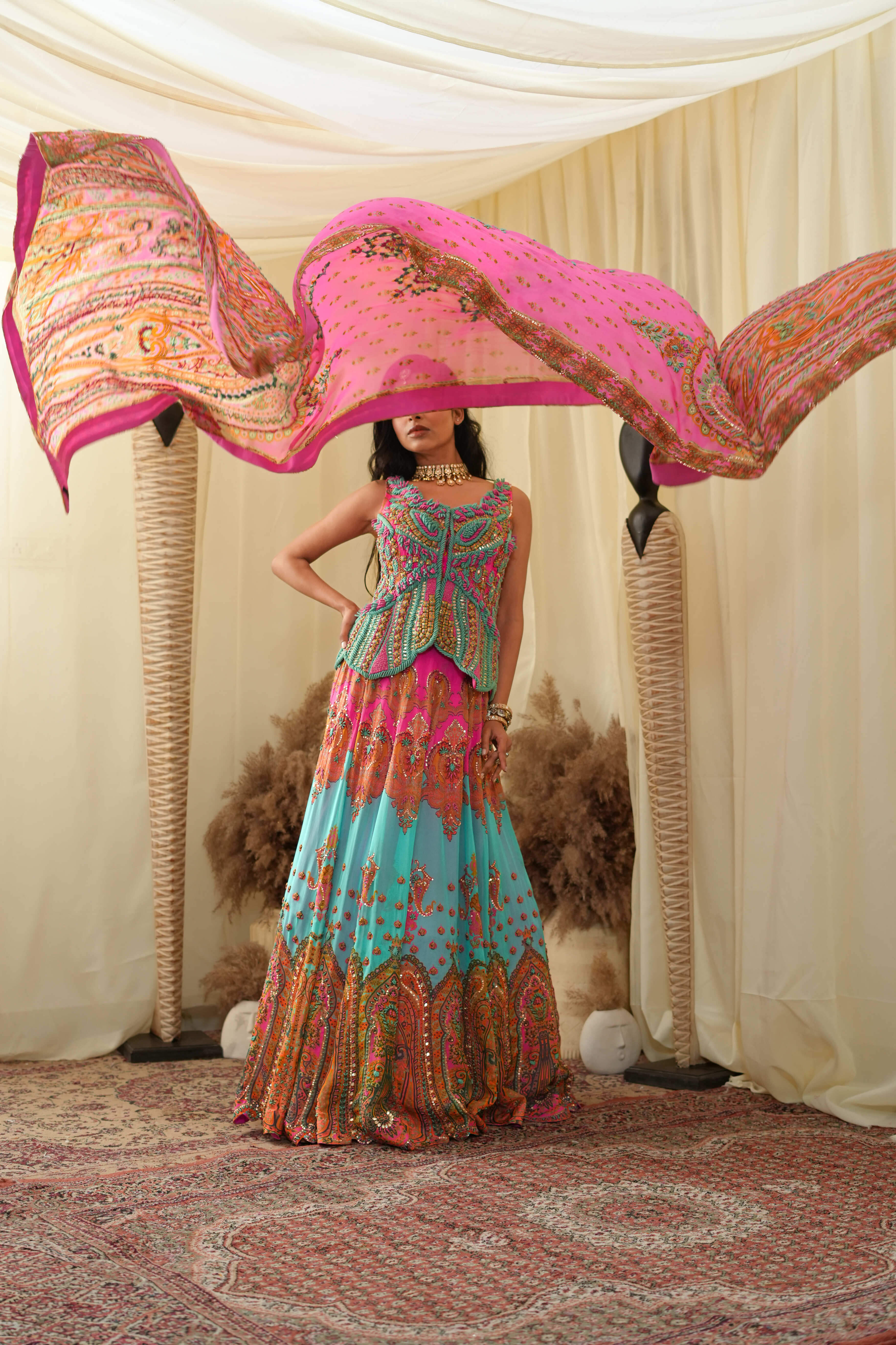 Light cyan with pastel pink print embroidered lehanga set with embroidered bodice