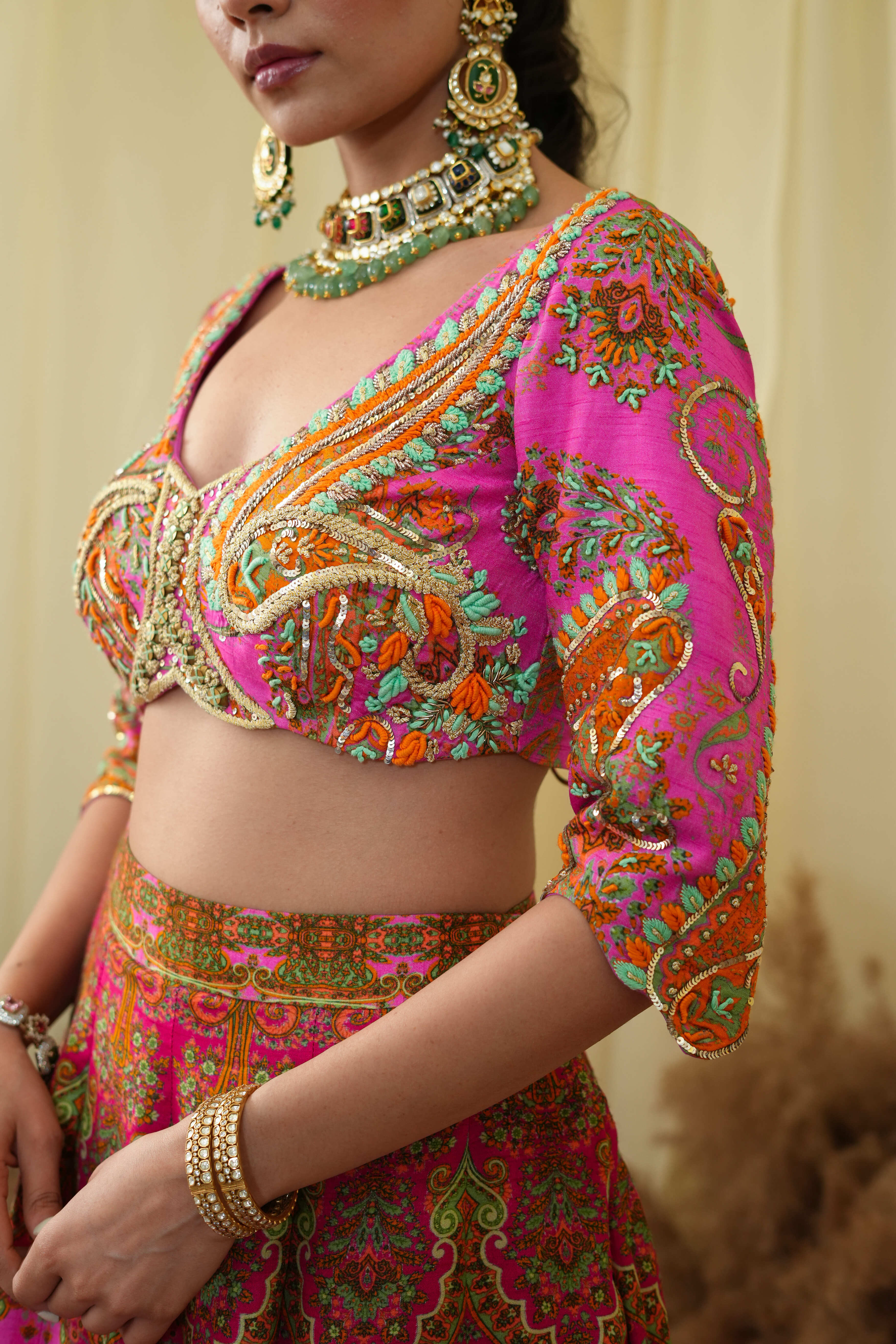 Cropped blouse with lehenga and dupatta