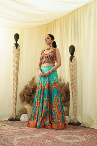 Cyan print embroidered Jhankar lehenga set
