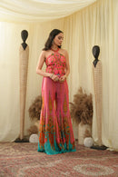 Print embroidered sharara pants with peplum cut bodice