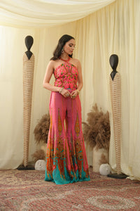 Print embroidered sharara pants with peplum cut bodice