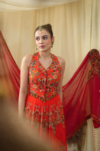 Lapelled blouse with lehenga and dupatta