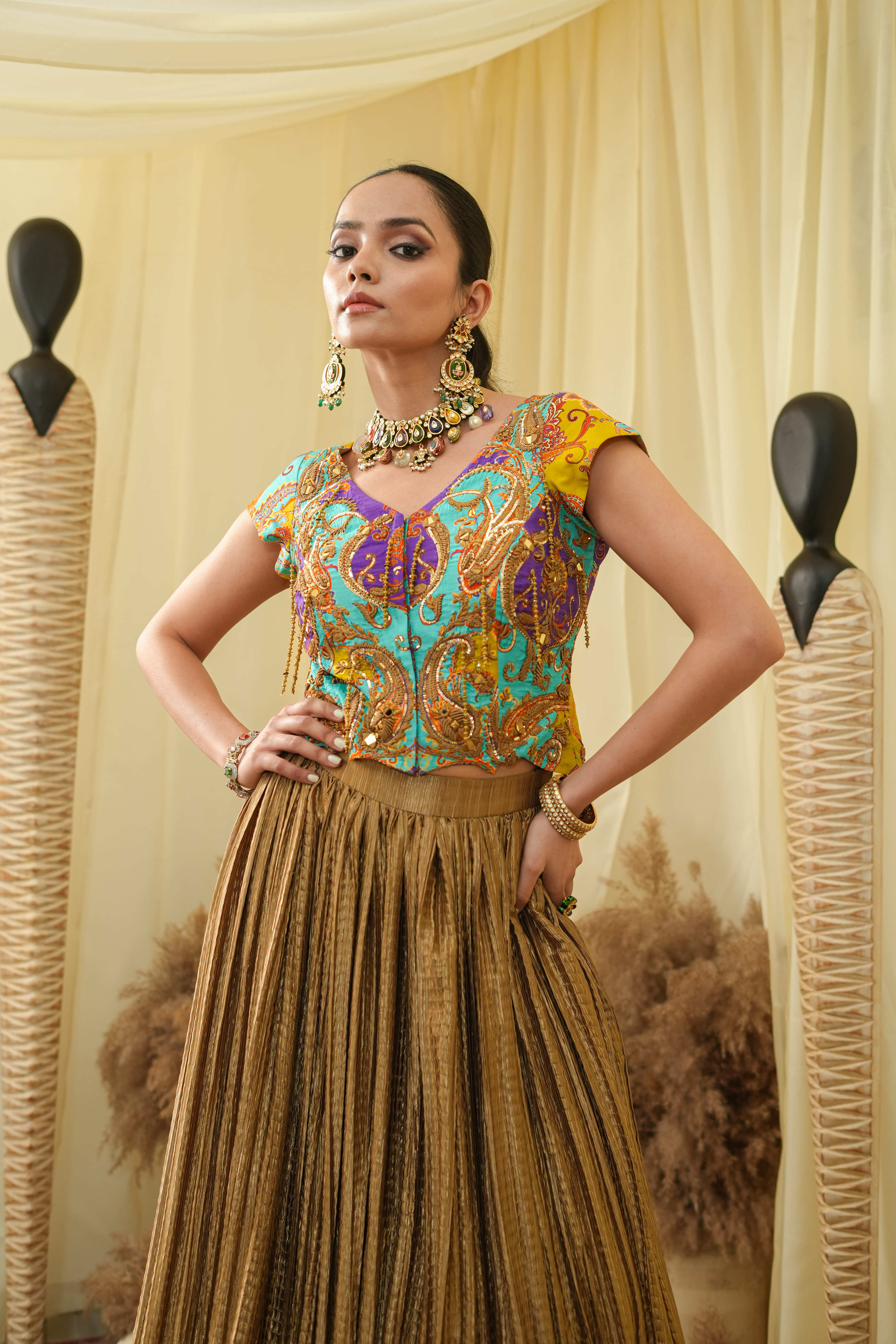 Crushed wrinkled lehanga with embroded bodice