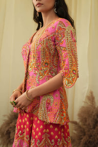 Pink print embroidered Jhankaar sharara pants with peplum cut bodice