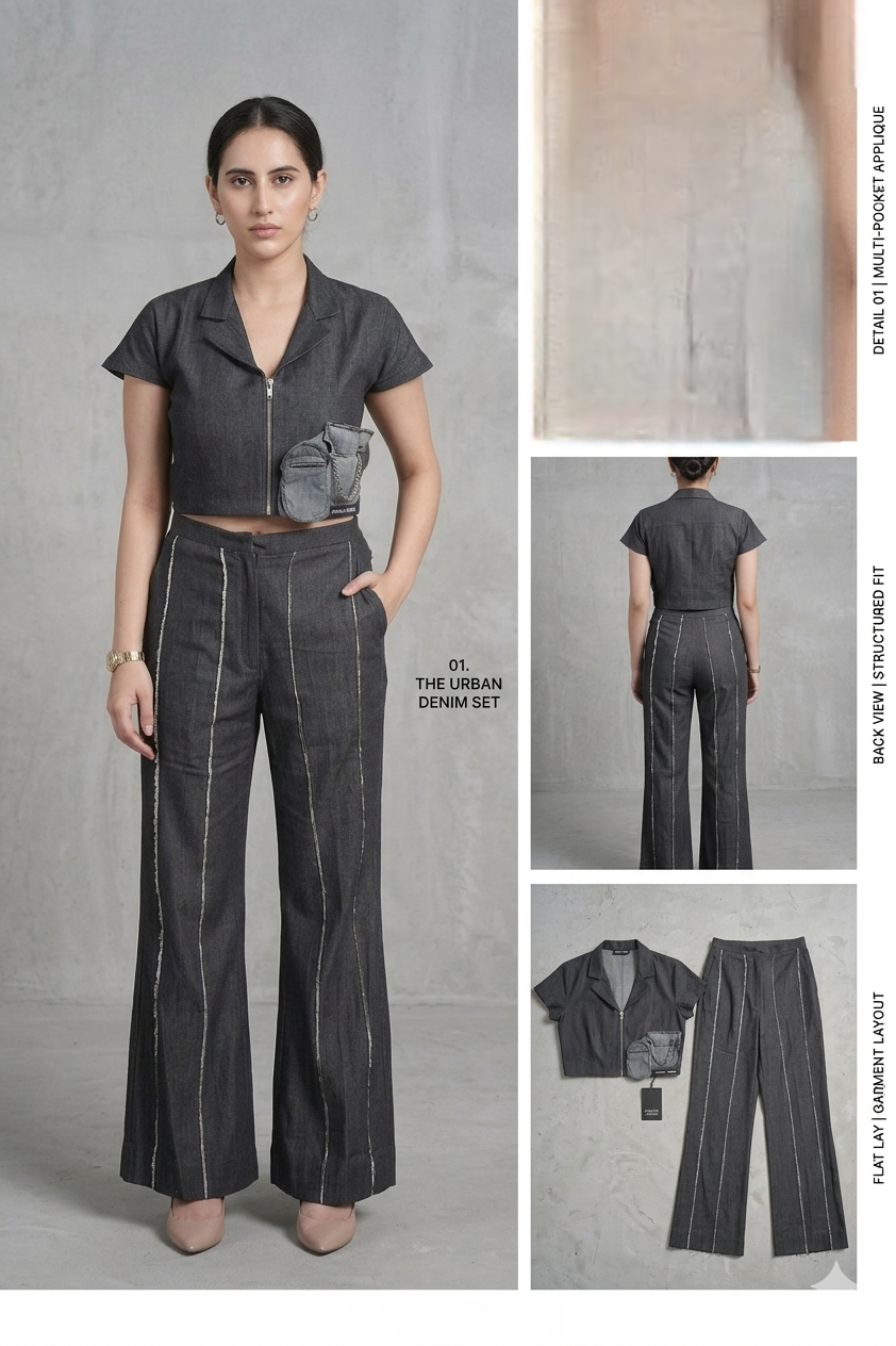 Co-ord lapelled top with plated pants denim ( street wear | Resort wear )