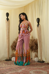 Print embroidered sharara pants with peplum cut bodice