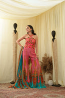 Print embroidered sharara pants with peplum cut bodice