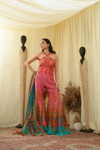 Print embroidered sharara pants with peplum cut bodice