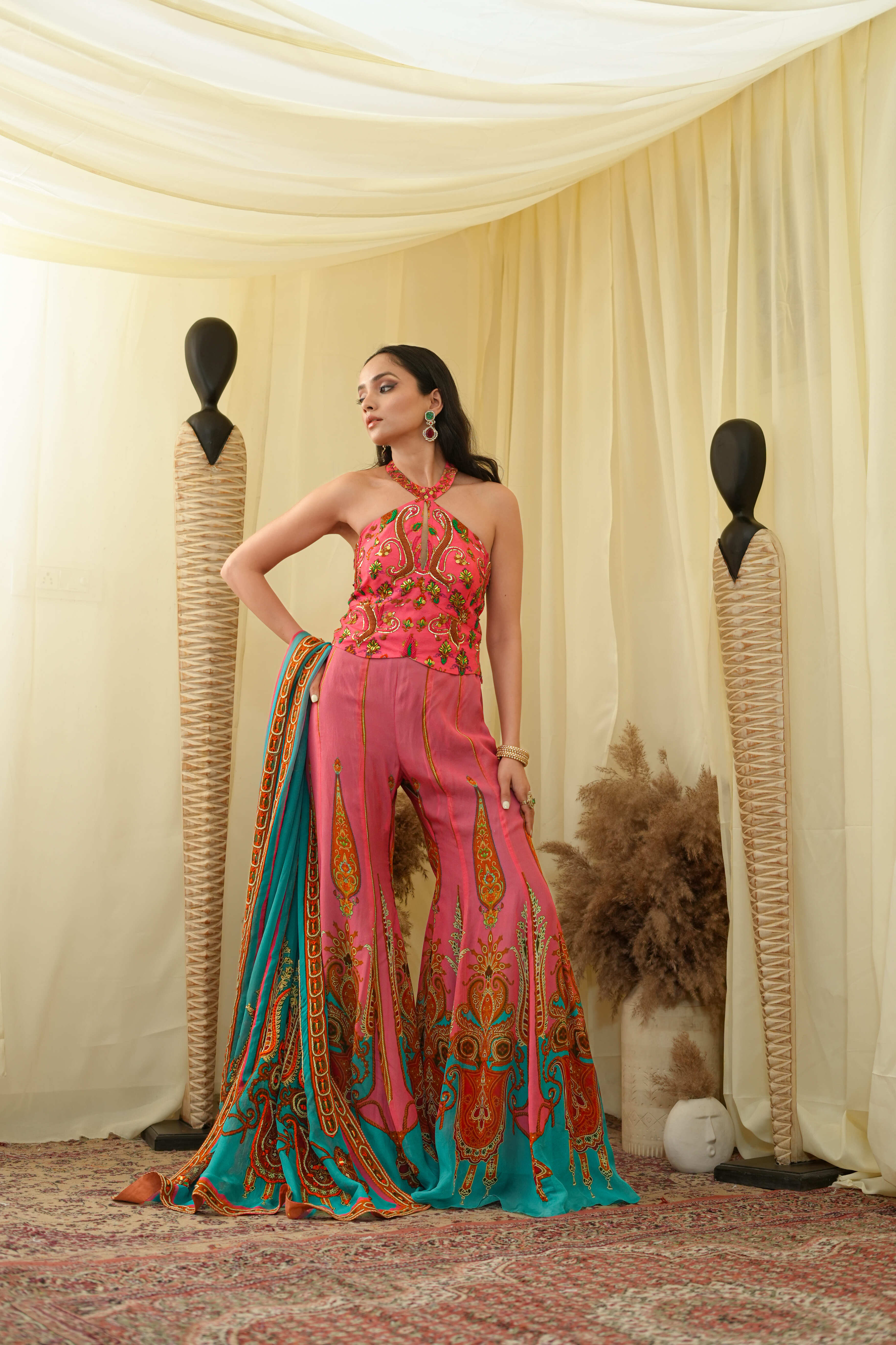 Print embroidered sharara pants with peplum cut bodice