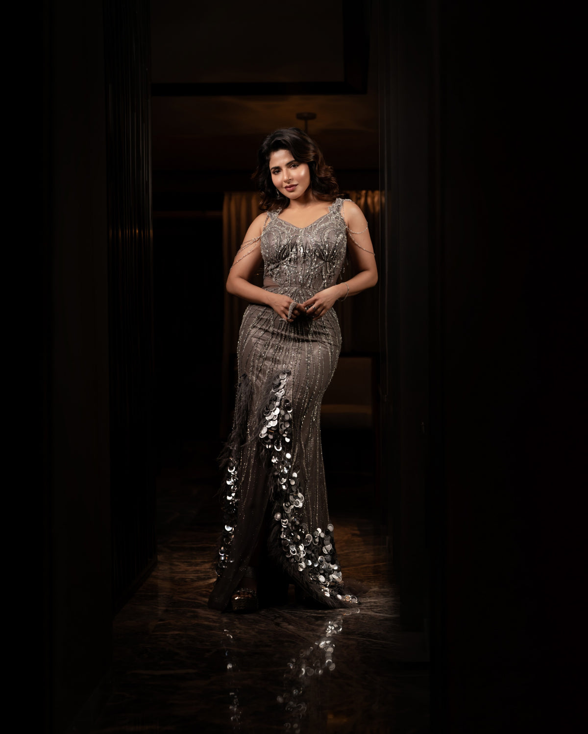 Iswarya menon in Midnight silver gown