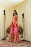 Pink print embroidered Jhankaar sharara pants with peplum cut bodice