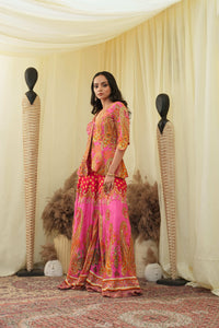 Pink print embroidered Jhankaar sharara pants with peplum cut bodice