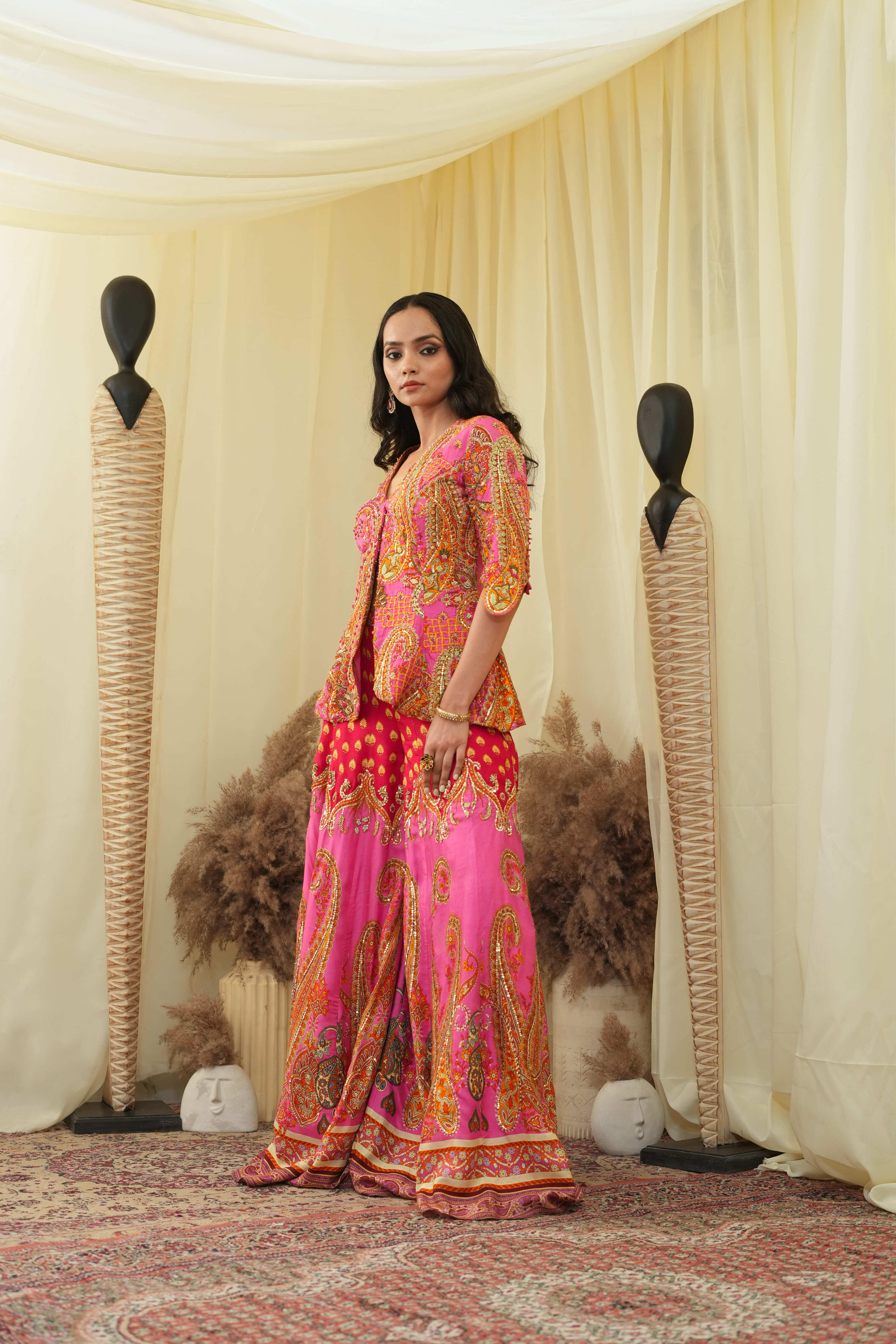 Pink print embroidered Jhankaar sharara pants with peplum cut bodice