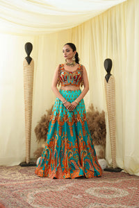 Cyan print embroidered Jhankar lehenga set