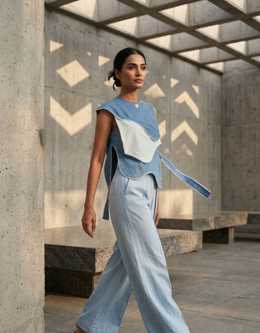 Paneled top stonned with plated pants denim ( street wear | Resort wear )
