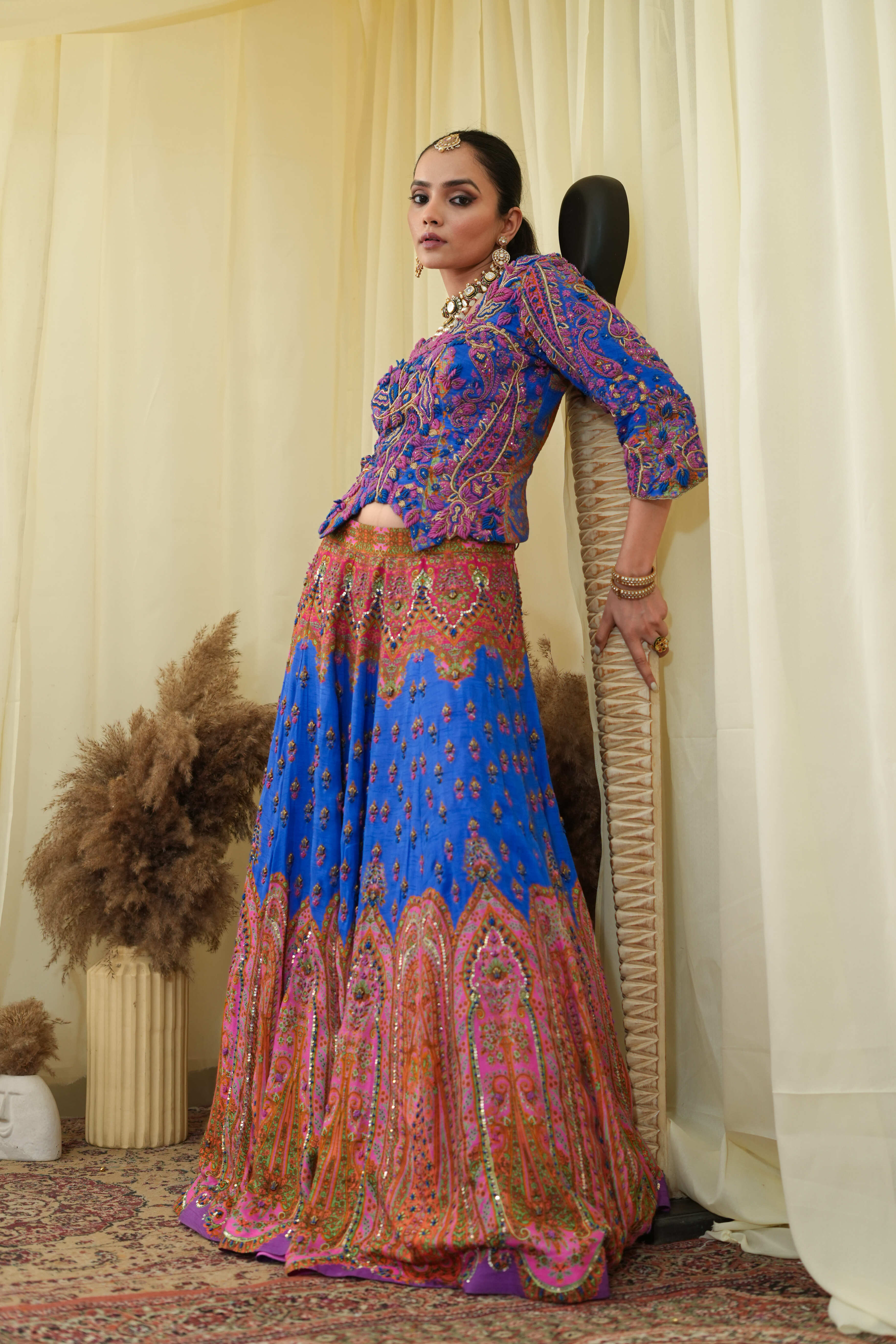 Corset blue bodice with embroided lehanga and dupatta
