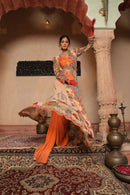 SIGNATURE PRINTS EMBROIDERED APRICOT BUSTIER AND DRAPE SKIRT WITH OVERLAY INDO WESTERN