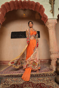 SIGNATURE PRINTS EMBROIDERED APRICOT BUSTIER AND DRAPE SKIRT WITH OVERLAY INDO WESTERN