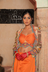 SIGNATURE PRINTS EMBROIDERED APRICOT BUSTIER AND DRAPE SKIRT WITH OVERLAY INDO WESTERN