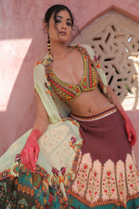 MULTICOLOR PRINT LEHANGA WITH BODICE AND CAPE DUPATTA