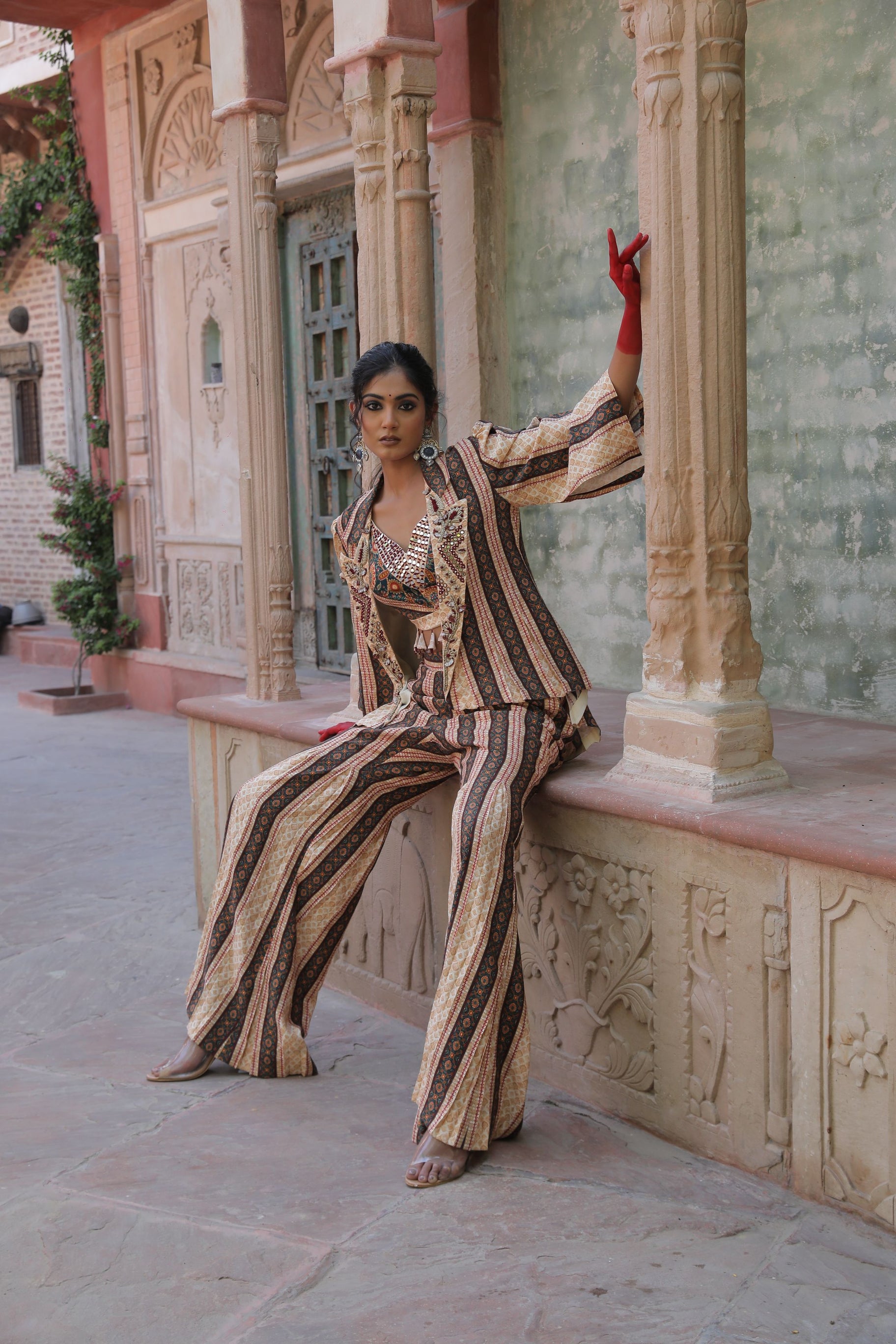 ALABASTER COLOR LAPEL JACKET WITH BODICE AND PALAZZO PANTS INDO WESTERN