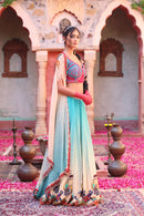 BLUE PRINT LEHANGA WITH EMBROIDERED BODICE AND CAPE DUPATTA