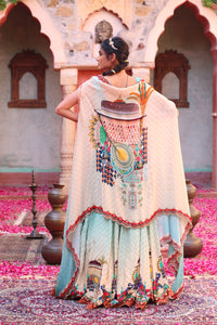 BLUE PRINT LEHANGA WITH EMBROIDERED BODICE AND CAPE DUPATTA