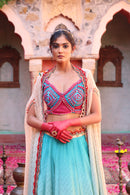 BLUE PRINT LEHANGA WITH EMBROIDERED BODICE AND CAPE DUPATTA