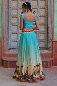 BLUE PRINT LEHANGA WITH EMBROIDERED BODICE AND CAPE DUPATTA