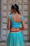 BLUE PRINT LEHANGA WITH EMBROIDERED BODICE AND CAPE DUPATTA