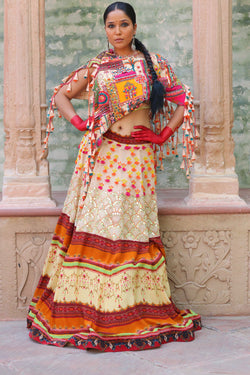 SIGNATURE PRINTS LEHENGA EMBROIDERED BUSTIER AND CAPE