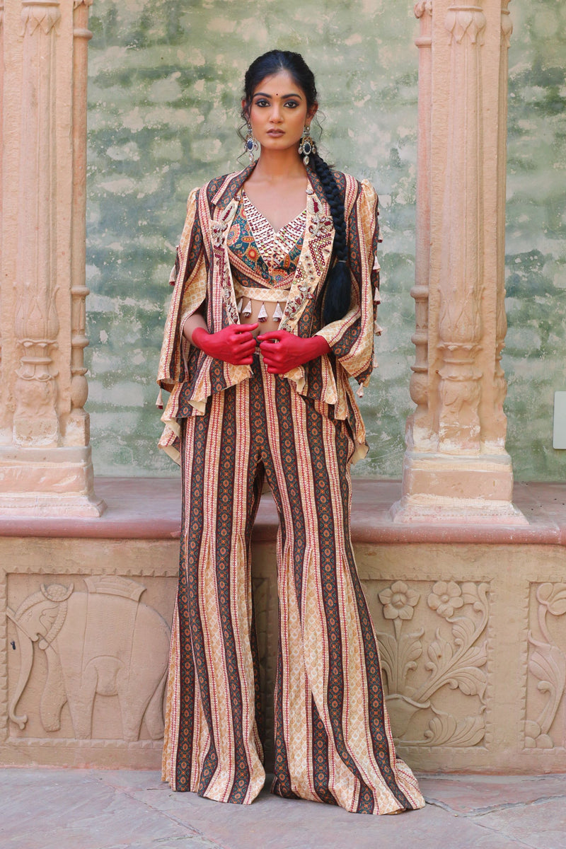 ALABASTER COLOR LAPEL JACKET WITH BODICE AND PALAZZO PANTS INDO WESTERN