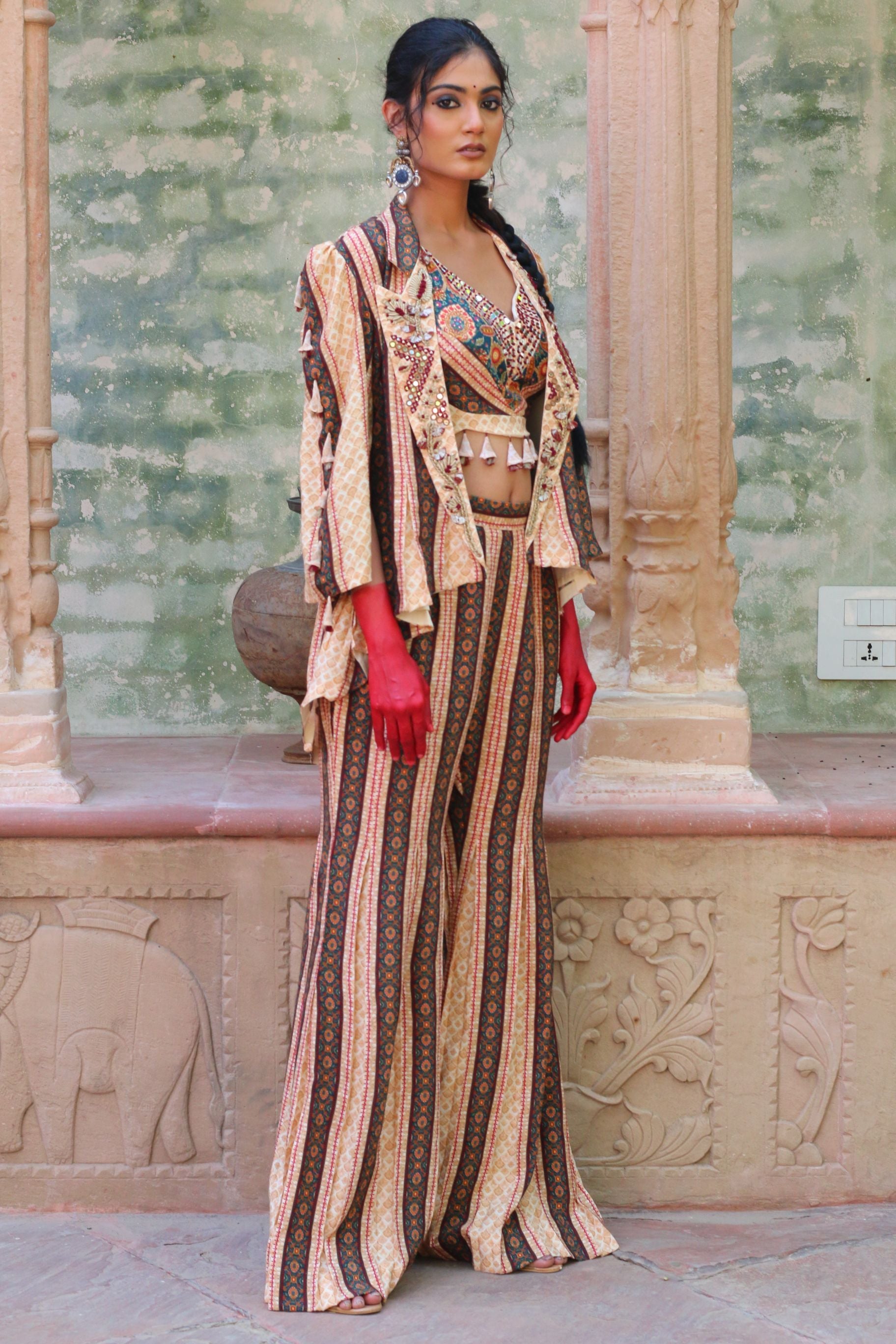 ALABASTER COLOR LAPEL JACKET WITH BODICE AND PALAZZO PANTS INDO WESTERN