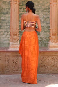 SIGNATURE PRINTS EMBROIDERED APRICOT BUSTIER AND DRAPE SKIRT WITH OVERLAY INDO WESTERN