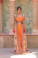 SIGNATURE PRINTS EMBROIDERED APRICOT BUSTIER AND DRAPE SKIRT WITH OVERLAY INDO WESTERN