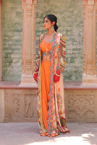 SIGNATURE PRINTS EMBROIDERED APRICOT BUSTIER AND DRAPE SKIRT WITH OVERLAY INDO WESTERN