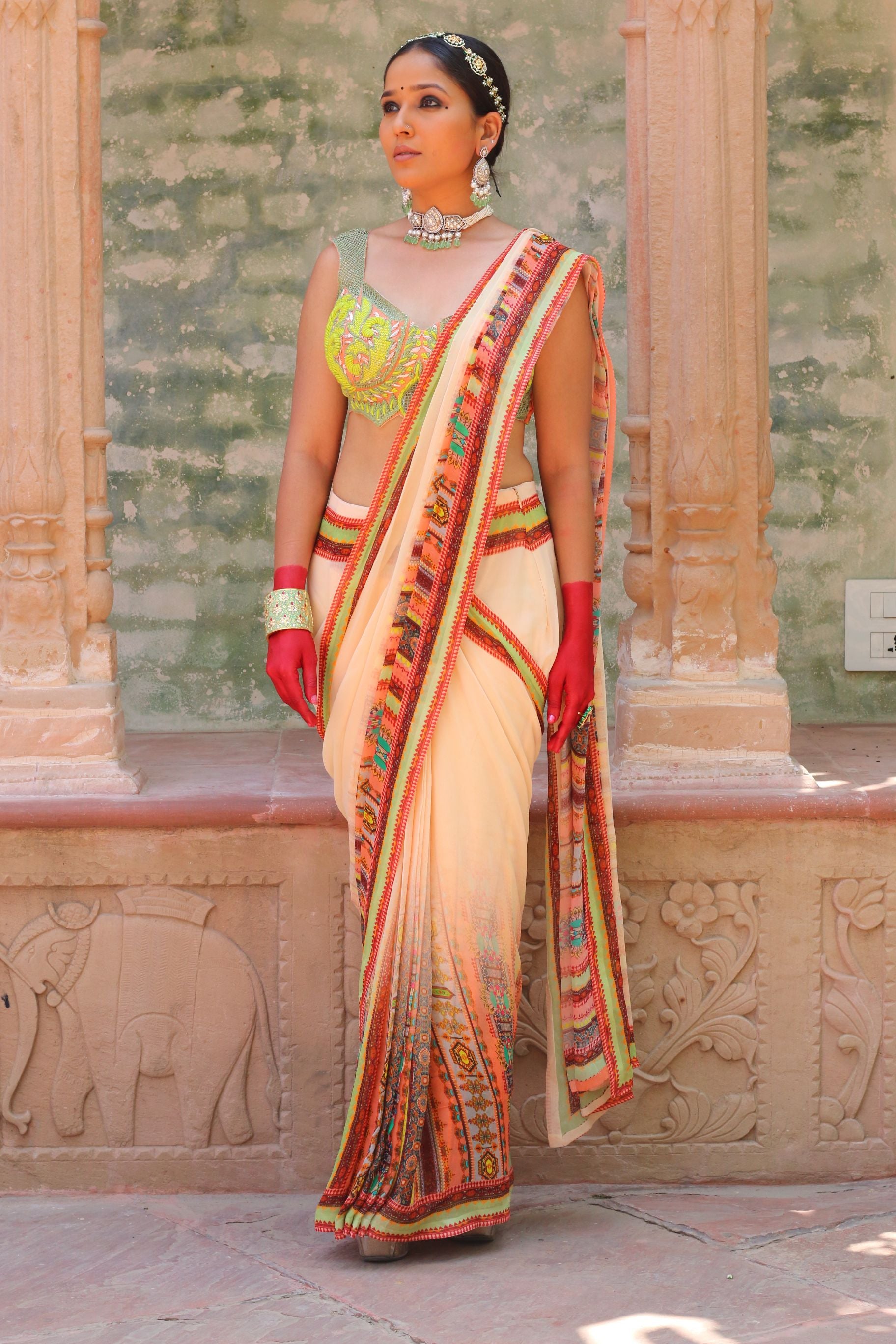 DULL PEACH DRAPE SAREE WITH BODICE