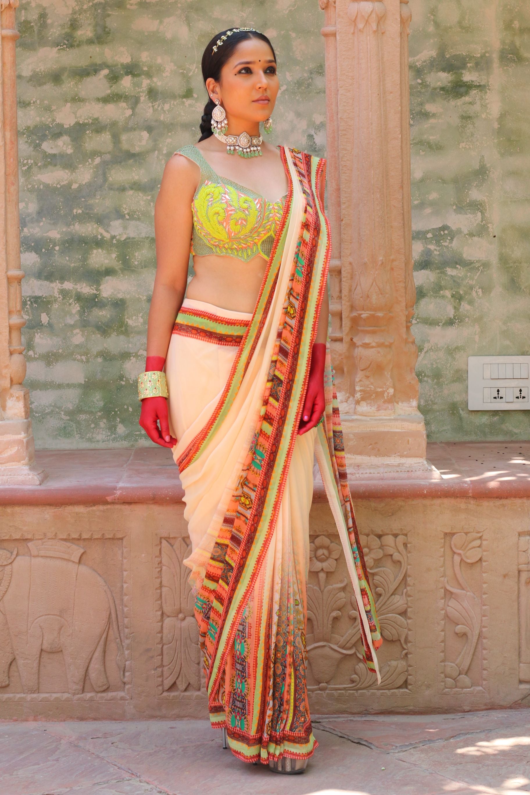 DULL PEACH DRAPE SAREE WITH BODICE