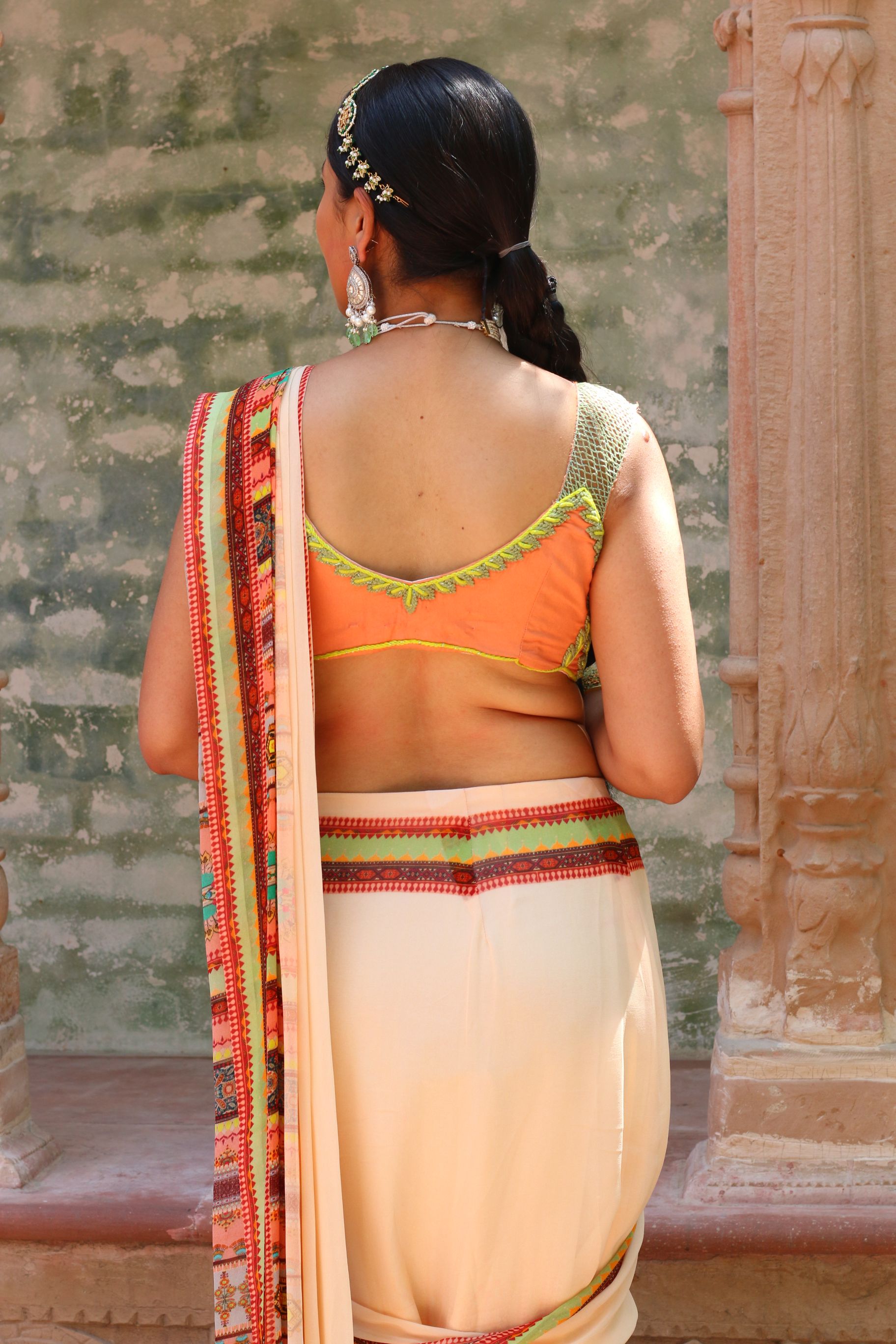 DULL PEACH DRAPE SAREE WITH BODICE